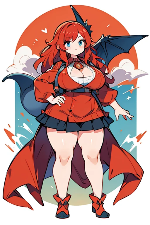 human charizard pokemon; big breasts;full body;Costumes inspired by Charizard Pokemon;blue eyes;Red hair;No background;background white;thick thighs;