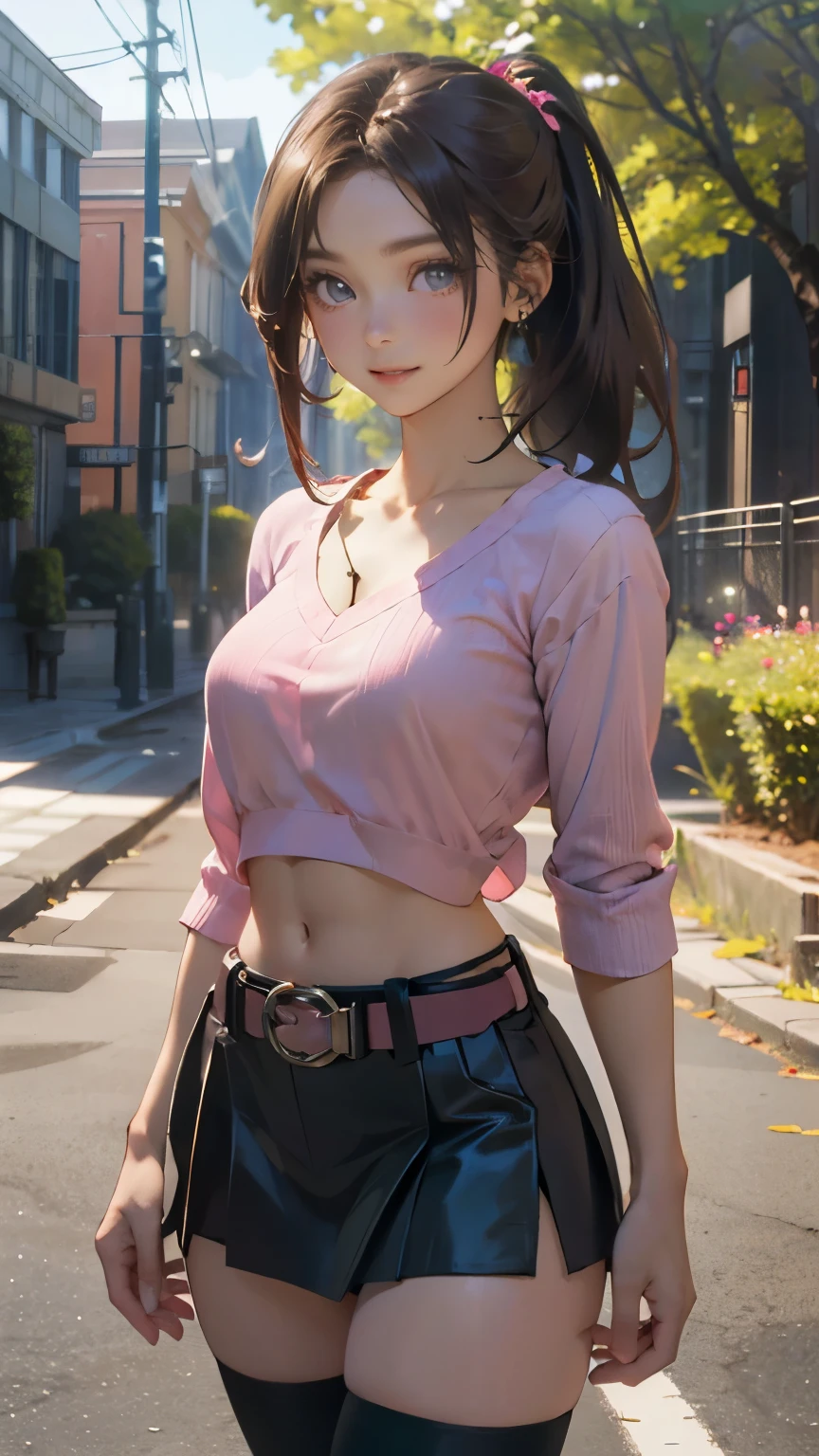 (masterpiece:1.2, top-quality), (realistic, photorealistic:1.4), beautiful illustration, (natural side lighting, movie lighting), 
looking at viewer, cowboy shot, 1 girl, japanese, hot girl, perfect face, cute and symmetrical face, shiny skin, babyface, 
(middle hair, high ponytail:1.2, light brown hair), hair over one eye, blue eyes, (middle breasts, seductive thighs, big ass), piercings, 
beautiful hair, beautiful face, beautiful detailed eyes, beautiful clavicle, beautiful body, beautiful chest, beautiful thigh, beautiful legs, beautiful fingers, 
((midriff, asymmetrical legwear, pink shirt, belt, black miniskirt, black thigh-highs)), , 
(beautiful scenery), evening, outdoors, filed, flower, standing, (lovely smile, upper eyes),
