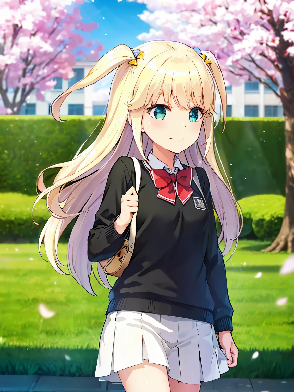 s○l○, 1 girl, highest quality, very detailed, (masterpiece), (illustration), school, outdoor, upper body, face, face focus, from front, , long sleeves, blonde hair, long hair, green eyes, Close ~ eyes,open your mouth,two side up, eyebrows visible through hair, shine, bangs, shine, Lens flare, flat chest, Crying, cherry blossoms,(has a black cylinder)