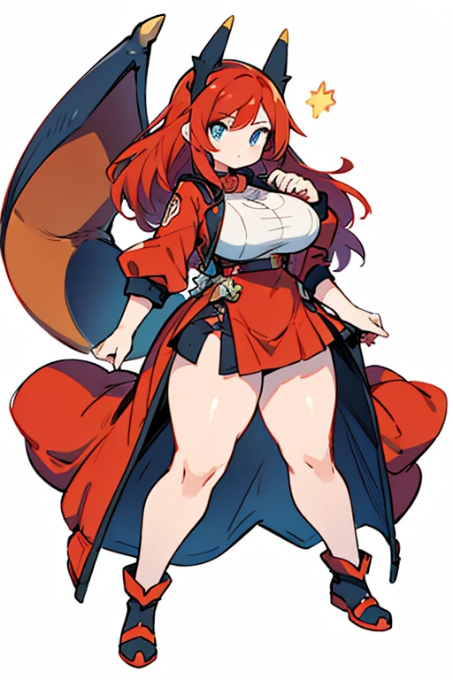 human charizard pokemon; big breasts;full body;Costumes inspired by Charizard Pokemon;blue eyes;Red hair;No background;background white;thick thighs;