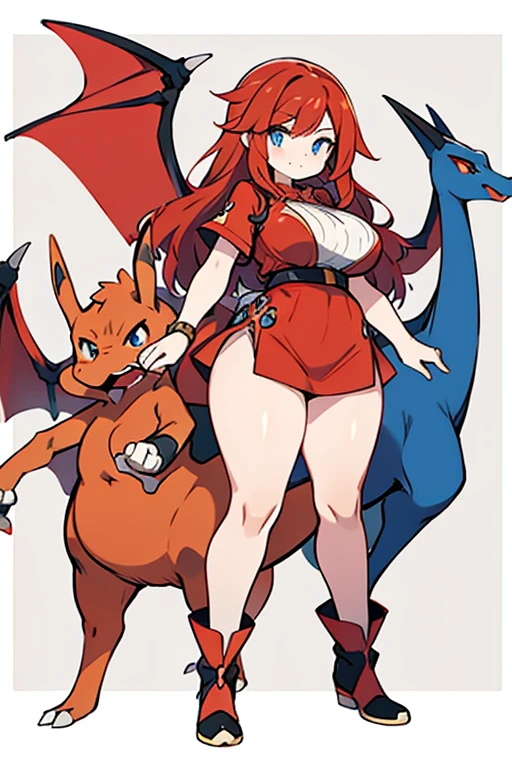 human charizard pokemon; big breasts;full body;Costumes inspired by Charizard Pokemon;blue eyes;Red hair;No background;background white;thick thighs;