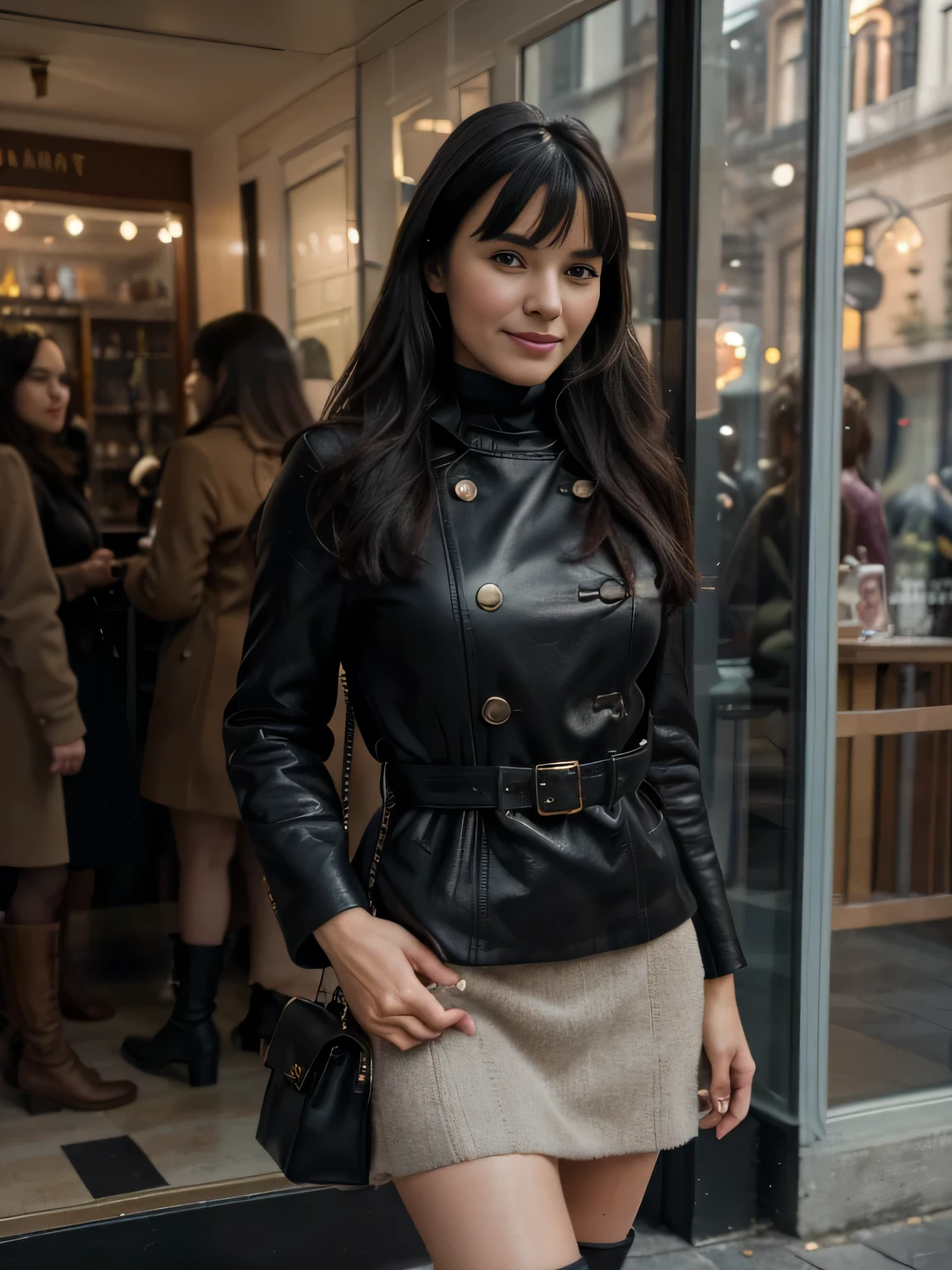 solo lovely smiling Bettie Page, wintertime, very cold, raining,in front of boutique, (highest quality texture), boutique store front, display windows full of interesting items, film quality, completly dressed in high style leather fashion, maxy long wool coat large wool sweater, long maxy wool skirt, soft tight black gloves, tigh high boots,shoulder bag,she's in front of beautiful boutique ,soft accent candlelight in windows, gorgeous rembranndt like lighting, (Rembrandt patch), (highest quality window details), hip cool boutique in background, silky long dark hair, hair bangs to her eyes, every detail,Fine facial features, Masterpiece – Masterpiece ○○ quality – ○○ quality best quality(Highest Quality) ,Leica film, best, solo female, High quality (hiquality)　etc ○○ detailed – ○○ details ultra detailed(Ultra-fine ), Photorealistic, Extremely detailed(Extremely detailed) , Finely detailed(Fine-grained), (highest detail skin texture peachfuzz earlobe realistic)　etc ○○ res – ○○ resolution ultra high res(A high resolution) , very high texture res(light resolution), Realistic – Realistic Photorealistic – photorealistic beautiful – beautiful 4k , 8K, artsy shop front, close and intimate,