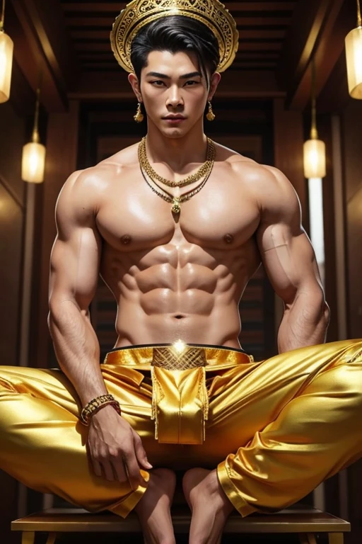 God, Thai style, man, shirtless., meditate, handsome, The body is in proportion., Gold jewelry has no bottom.,not wearing clothes,front view,The crotch of the pants is very bulging.,Big crotch ,The crotch of the pants is very long..