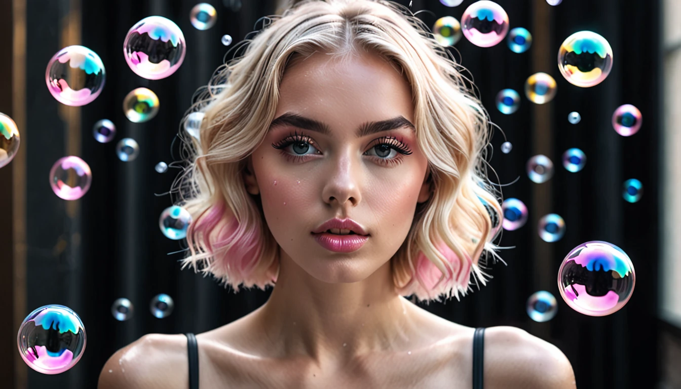 (best quality,4k,8k,highres,masterpiece:1.2) professional full length black and white RAW photo of a blond young woman with pink heir surrounded by floating soap bubbles, dramatic atmosphere, perfect female anatomy, charming symmetrical look, cute natural makeup, beautiful detailed eyes, beautiful detailed lips, extremely detailed eyes and face, long eyelashes, soft colors, ((photorealistic)), hyperrealistic, lifelike, extremely high detail, sharp focus, modelshoot style, retro style, (cinematic lighting), volumetric light, high quality, (film grain), professionally color graded, highly detailed, UHD, DSLR, depth of field, Fujifilm XT3, f/2, 100mm, 8k