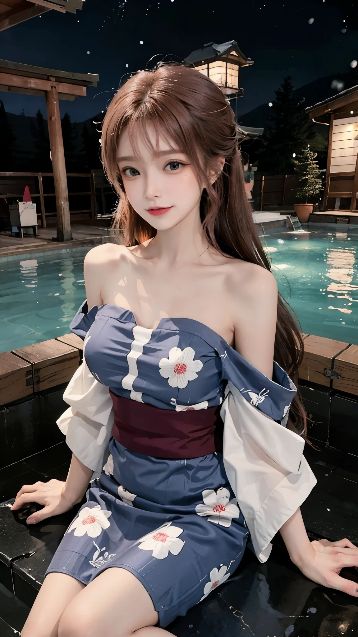 See the whole body,Long hair to waist,reddish brown hair,Short Liuhai,blue eyes, beautiful eyelashes, blush:1.2, Japanese anime style,Japanese style yukata,bare shoulders,Smile,side sitting position,Soak in hot springs in the deserted mountains,Snowy nights