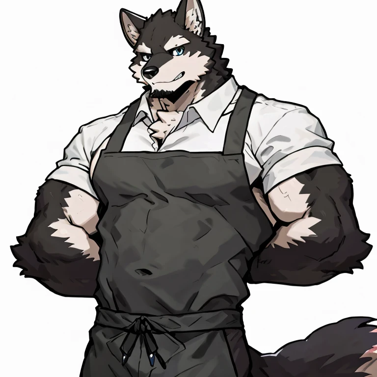 1 boy, solo, anthropology, wolf, hairy, black and white fur, A place where people congregate Sparkling blue eyes, Big pink‚ with big abs‚muscular, handsome, hand put behind back, apron, black pant, white shirt, front view, high quality, super detail, 1080P, high quality, high quality, best quality, 8k, super detail, 16k, white background