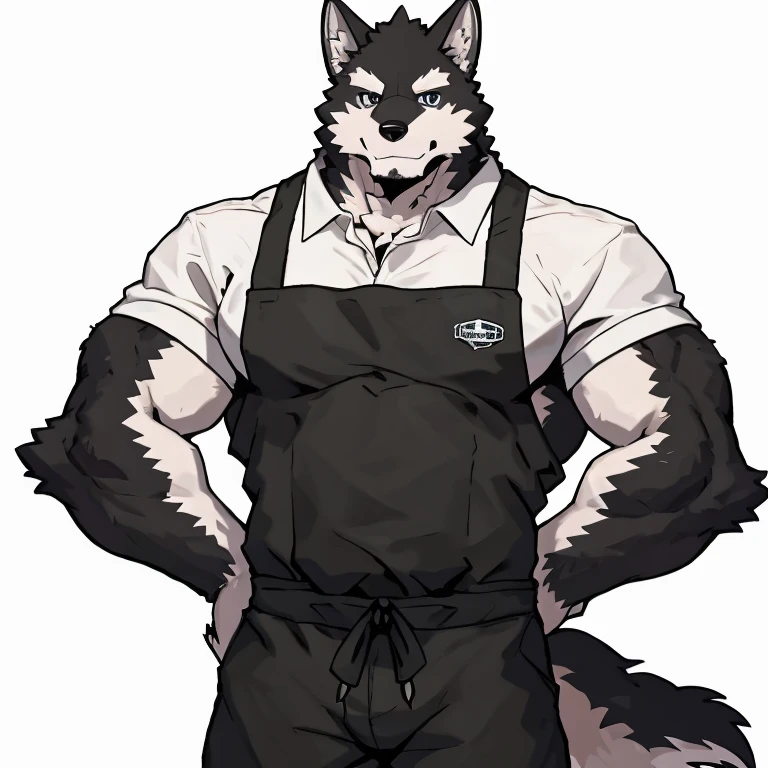 1 boy, solo, anthropology, wolf, hairy, black and white fur, A place where people congregate Sparkling blue eyes, Big pink‚ with big abs‚muscular, handsome, hand put behind back, apron, black pant, white shirt, front view, high quality, super detail, 1080P, high quality, high quality, best quality, 8k, super detail, 16k, white background