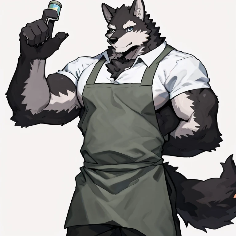 1 boy, solo, anthropology, wolf, hairy, black and white fur, A place where people congregate Sparkling blue eyes, Big pink‚ with big abs‚muscular, handsome, hand put behind back, apron, black pant, white shirt, front view, high quality, super detail, 1080P, high quality, high quality, best quality, 8k, super detail, 16k, white background