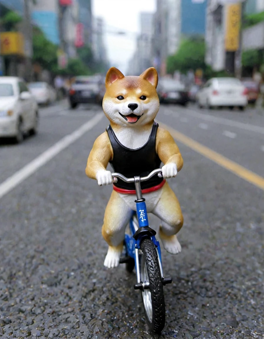 A Shiba Inu is riding his bike to work.,muscle質な体,muscle,wear a tank top,I went crazy because of the traffic jam.,masterpiece figures,realistic,very_be familiar with,figure,High resolution,disorganized,finely_be familiar with_xxx,