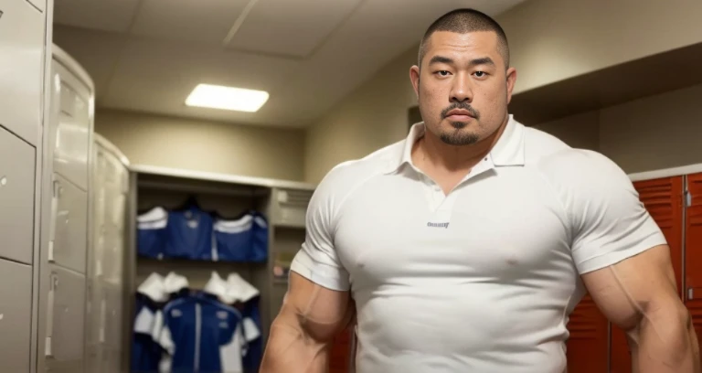 (angry:1.4), (rugby uniform:1.2), (at club locker room:1.4), Japanese man, Chinese man, Korean man, Taiwanese man, manly face, fat face, (round face:1.4), (monolid eyes:1.2), (buzz cut:1.4), very large and strong body, bulky body, beefy muscles, (bulging muscles:1.4), (very large pectoral muscles:1.4), (muscular arms:1.4), muscular abs, muscular legs, muscular back, brightens oily skin, master piece, (realistic:1.4), panorama, distant view