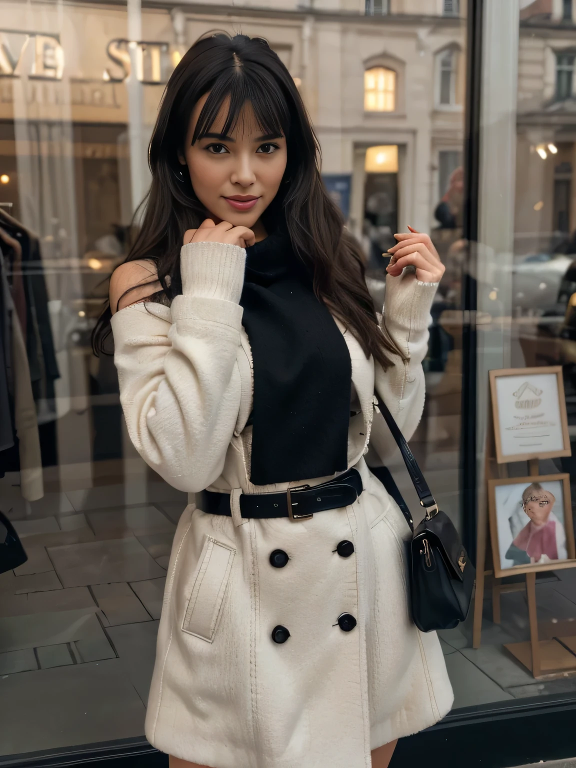 solo lovely smiling Bettie Page, strong daylight, sun shining, wintertime, very cold, raining,in front of boutique, (highest quality texture), boutique store front, display windows full of interesting items, film quality, completly dressed in high style leather fashion, maxy long wool coat large wool sweater, long maxy wool skirt, soft tight black gloves, tigh high boots,shoulder bag,she's in front of beautiful boutique ,soft accent candlelight in windows, gorgeous rembranndt like lighting, (Rembrandt patch), (highest quality window details), hip cool boutique in background, silky long dark hair, hair bangs to her eyes, every detail,Fine facial features, Masterpiece – Masterpiece ○○ quality – ○○ quality best quality(Highest Quality) ,Leica film, best, solo female, High quality (hiquality)　etc ○○ detailed – ○○ details ultra detailed(Ultra-fine ), Photorealistic, Extremely detailed(Extremely detailed) , Finely detailed(Fine-grained), (highest detail skin texture peachfuzz earlobe realistic)　etc ○○ res – ○○ resolution ultra high res(A high resolution) , very high texture res(light resolution), Realistic – Realistic Photorealistic – photorealistic beautiful – beautiful 4k , 8K, artsy shop front, close and intimate,
