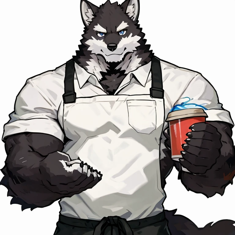 1 boy, solo, anthropology, wolf, hairy, black and white fur, A place where people congregate Sparkling blue eyes, Big pink‚ with big abs‚muscular, handsome, hand hold cup, apron, black pant, white shirt, front view, high quality, super detail, 1080P, high quality, high quality, best quality, 8k, super detail, 16k, white background