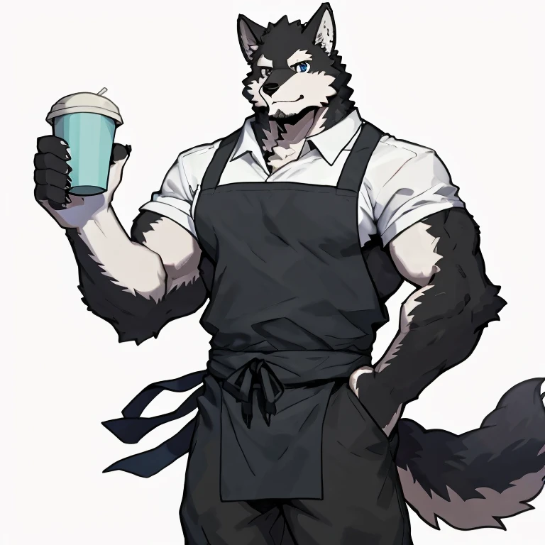 1 boy, solo, anthropology, wolf, hairy, black and white fur, A place where people congregate Sparkling blue eyes, Big pink‚ with big abs‚muscular, handsome, hand hold cup, apron, black pant, white shirt, front view, high quality, super detail, 1080P, high quality, high quality, best quality, 8k, super detail, 16k, white background