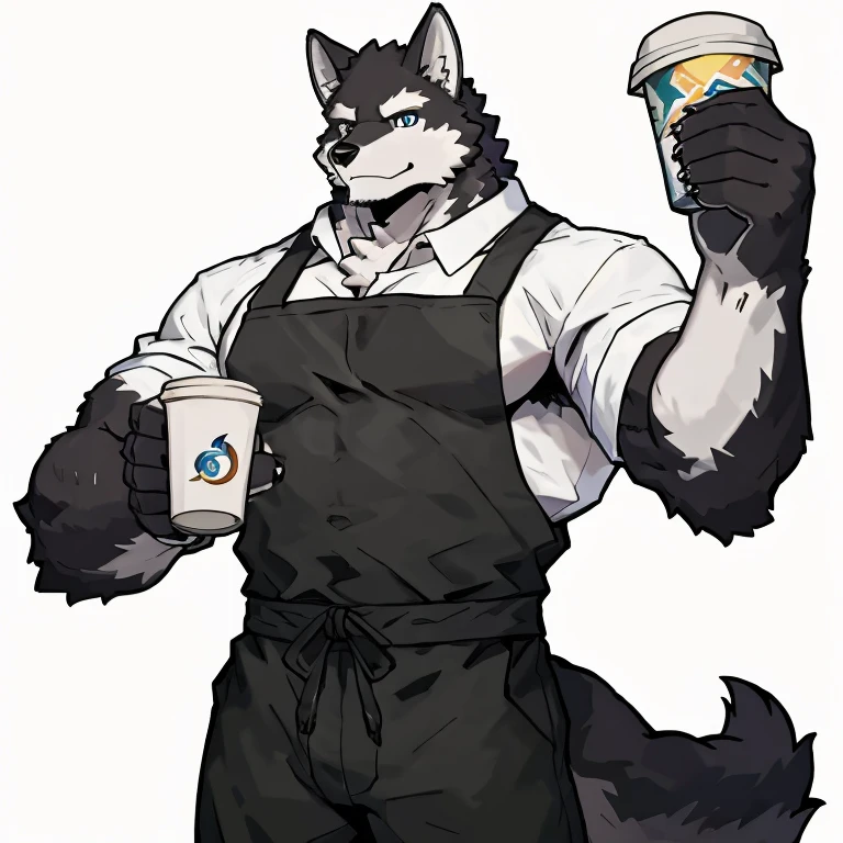 1 boy, solo, anthropology, wolf, hairy, black and white fur, A place where people congregate Sparkling blue eyes, Big pink‚ with big abs‚muscular, handsome, hand hold cup, apron, black pant, white shirt, front view, high quality, super detail, 1080P, high quality, high quality, best quality, 8k, super detail, 16k, white background