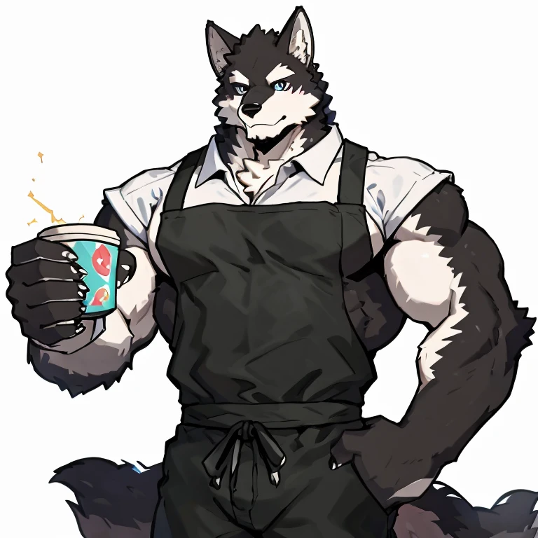 1 boy, solo, anthropology, wolf, hairy, black and white fur, A place where people congregate Sparkling blue eyes, Big pink‚ with big abs‚muscular, handsome, hand hold cup, apron, black pant, white shirt, front view, high quality, super detail, 1080P, high quality, high quality, best quality, 8k, super detail, 16k, white background