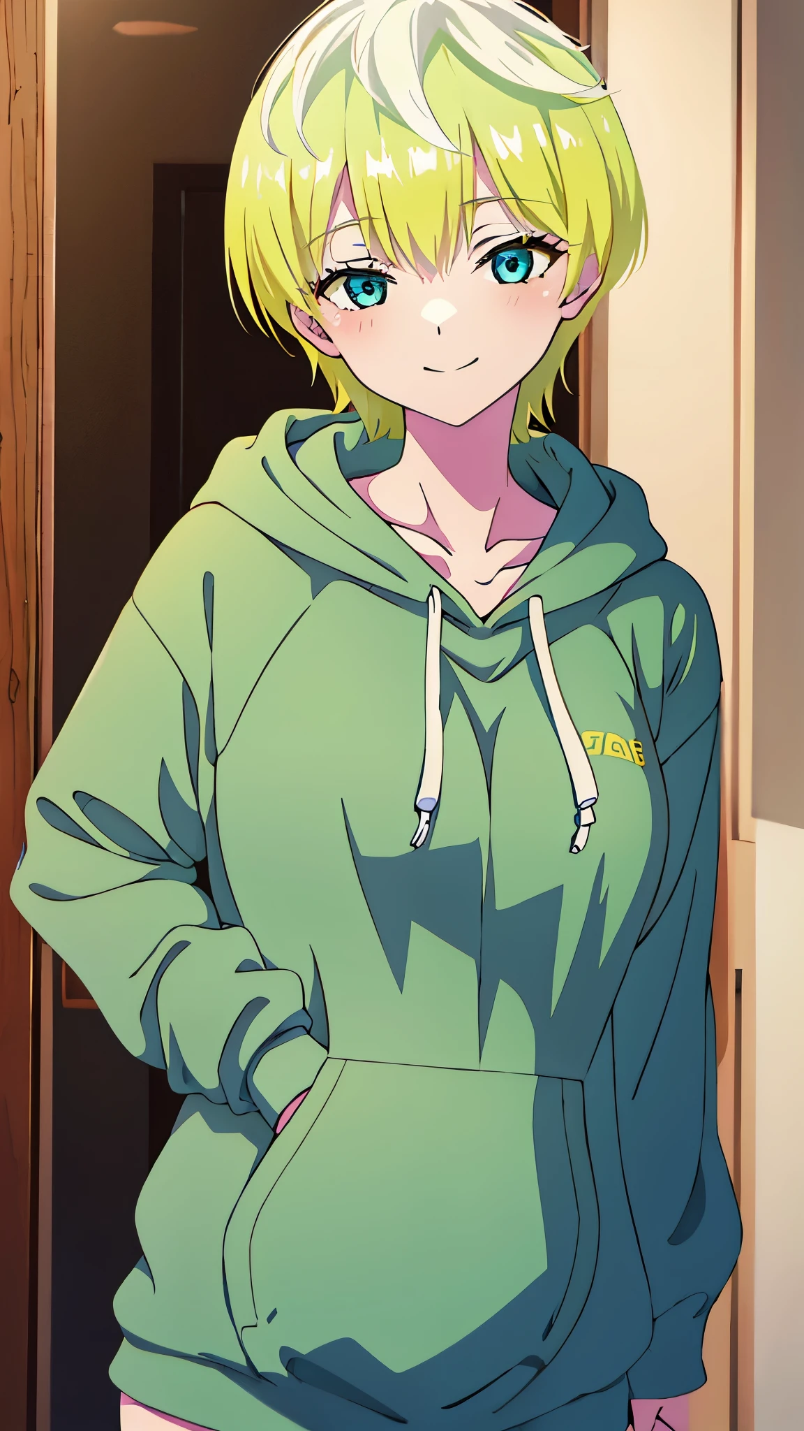 masterpiece, highres, solo, 8k, detailed, perfect face, best quality, (ultra high quality), looking viewers, collarbone, big breast, cleavage, yellow hair, light hair, short hair, green blue eyes, hoodie, (black hoodie), denim short, mini short, slim body, smile, blush, upper body