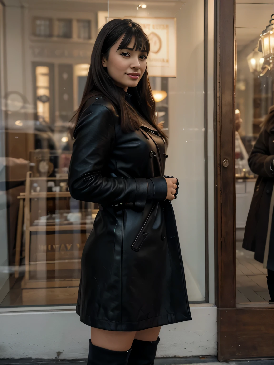solo lovely smiling Bettie Page, strong daylight, sun shining, wintertime, very cold, raining,in front of boutique, (highest quality texture), boutique store front, display windows full of interesting items, film quality, completly dressed in high style leather fashion, maxy long wool coat large wool sweater, long maxy wool skirt, soft tight black gloves, tigh high boots,shoulder bag,she's in front of beautiful boutique ,soft accent candlelight in windows, gorgeous rembranndt like lighting, (Rembrandt patch), (highest quality window details), hip cool boutique in background, silky long dark hair, hair bangs to her eyes, every detail,Fine facial features, Masterpiece – Masterpiece ○○ quality – ○○ quality best quality(Highest Quality) ,Leica film, best, solo female, High quality (hiquality) etc ○○ detailed – ○○ details ultra detailed(Ultra-fine ), Photorealistic, Extremely detailed(Extremely detailed) , Finely detailed(Fine-grained), (highest detail skin texture peachfuzz earlobe realistic) etc ○○ res – ○○ resolution ultra high res(A high resolution) , very high texture res(light resolution), Realistic – Realistic Photorealistic – photorealistic beautiful – beautiful 4k , 8K, artsy shop front, close and intimate,