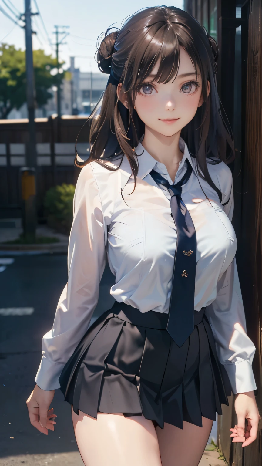 (masterpiece:1.2, top-quality), (realistic, photorealistic:1.4), beautiful illustration, (natural side lighting, movie lighting), 
looking at viewer, cowboy shot, front view:0.6, 1 girl, japanese, high school girl, perfect face, cute and symmetrical face, shiny skin, 
(long hair:1.4, half updo:1.5, sidelocks, single hair bun, dark brown hair), hair between eye, dark brown eyes, long eye lasher, (large breasts:0.6, seductive thighs), 
beautiful hair, beautiful face, beautiful detailed eyes, beautiful clavicle, beautiful body, beautiful chest, beautiful thigh, beautiful legs, beautiful fingers, 
((long sleeve white collared shirts, navy pleated miniskirt, blue tie)), pink panties, 
(beautiful scenery), evening, riverside, walking, (lovely smile, upper eyes), 