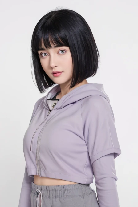 Create an image of Hinata Hyuga from "Naruto" Imagine a young woman with a gentle demeanor, sporting a stylish short black bob haircut with neat bangs that frame her face. She has large, expressive eyes, byakugan eyes, white softline eyes, a soft shade of lavender, that convey kindness and warmth. She's dressed casually in a comfortable lilac hoodie with the hood resting on her back, and a hint of a light blue shirt underneath. The hoodie has a drawstring and is slightly loose, giving off a relaxed vibe. She pairs her top with simple, beige trousers that complement her laid-back style. The overall impression is of a friendly, approachable individual, whose smile is subtle yet inviting, standing confidently with a sense of quiet self-assurance, byakugan eyes,(ultra detailed), (8k, intricate), (85mm), light particles, lighting, full body, (highly detailed:1.2), breast focus, (gradients), sfw, colorful, (detailed background), (rule of third_composition:1.3), (Line of action:1.2), daylight, solo