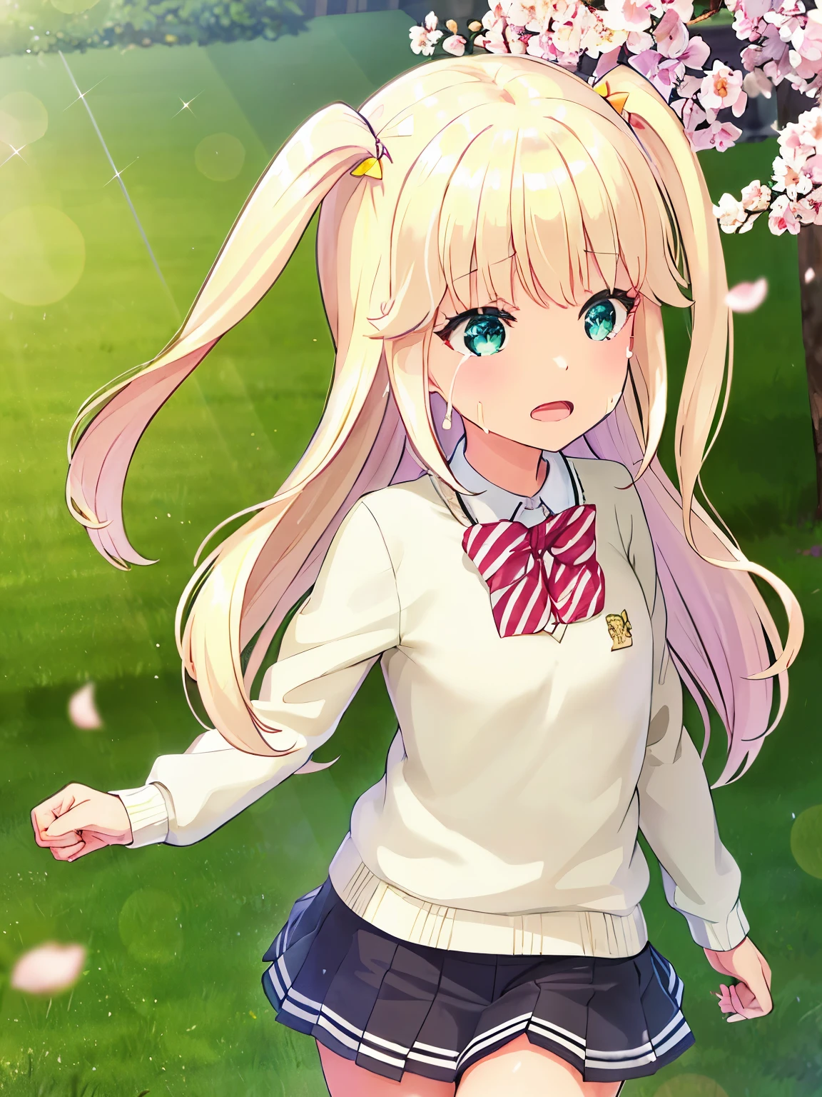 s○l○, 1 girl, highest quality, very detailed, (masterpiece), (illustration), school, outdoor, upper body, face, face focus, from front, , long sleeves, blonde hair, long hair, green eyes, Close ~ eyes,open your mouth,two side up, eyebrows visible through hair, shine, bangs, shine, Lens flare, flat chest, Crying, cherry blossoms,(has a black cylinder)