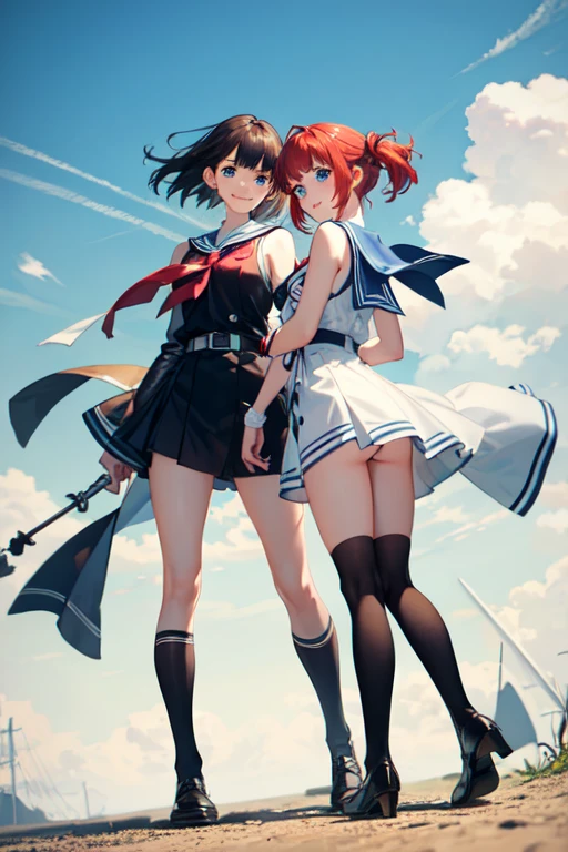 ((best quality)), ((masterpiece)), (detailed), perfect face, anime, 2 girls, white sailor uniformsuit, shoulders exposed, sleeveless, red tie, short hair ,dark brown hair, blue eyes, thighs, dark blue skirt, black knee-high socks, leather shoes, full-length, rear angle, turn around, smile , hands back, strong wind, twist hips, angle from below, arm cover, middle waist, butt out