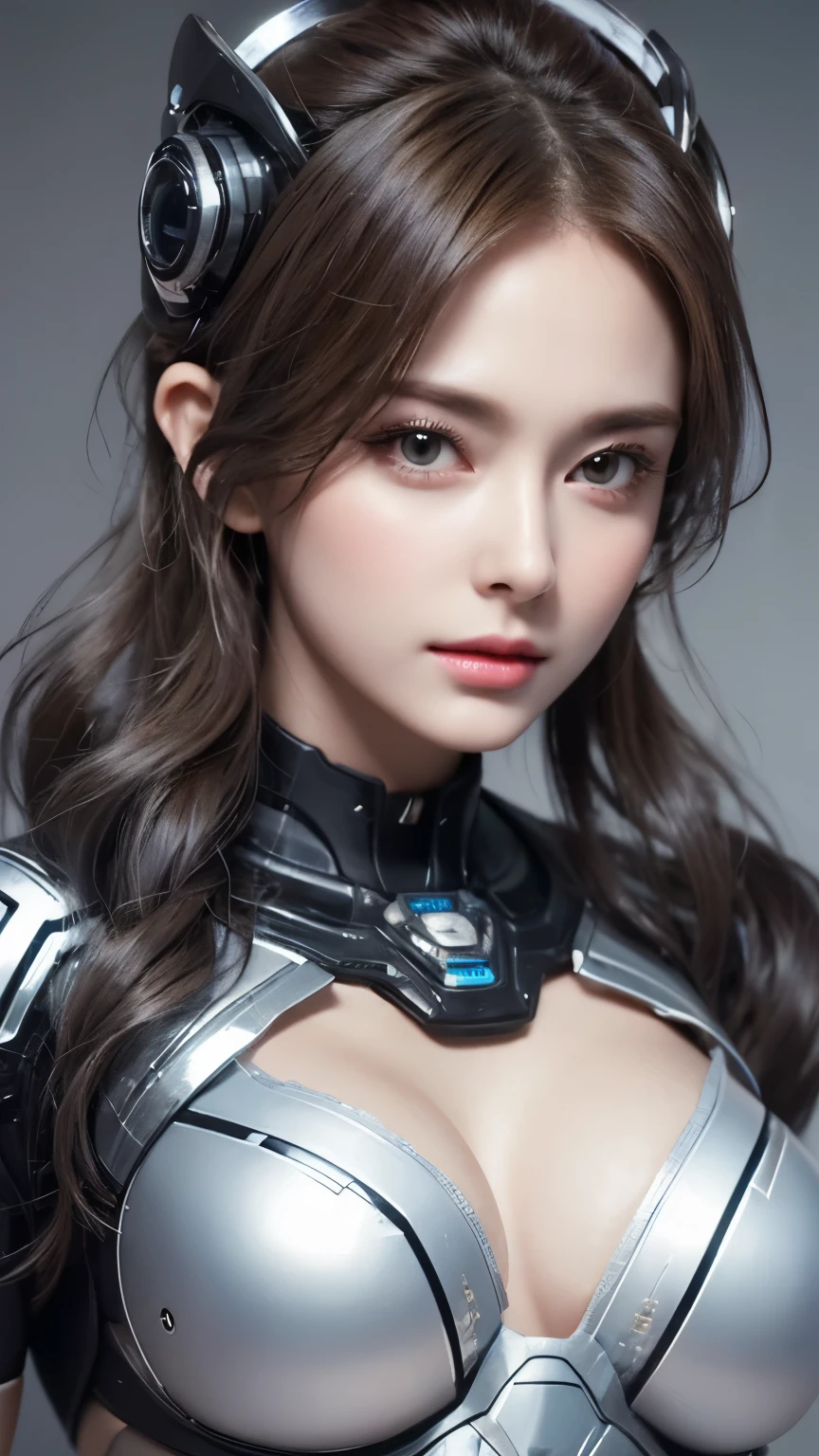 A close-up head and chest portrait of a pretty and cute woman, her chest adorned with pneumatic tubes that give her a unique and futuristic appearance. The highly detailed digital rendering captures every aspect of her beauty, from her delicate features to the intricate tubes.