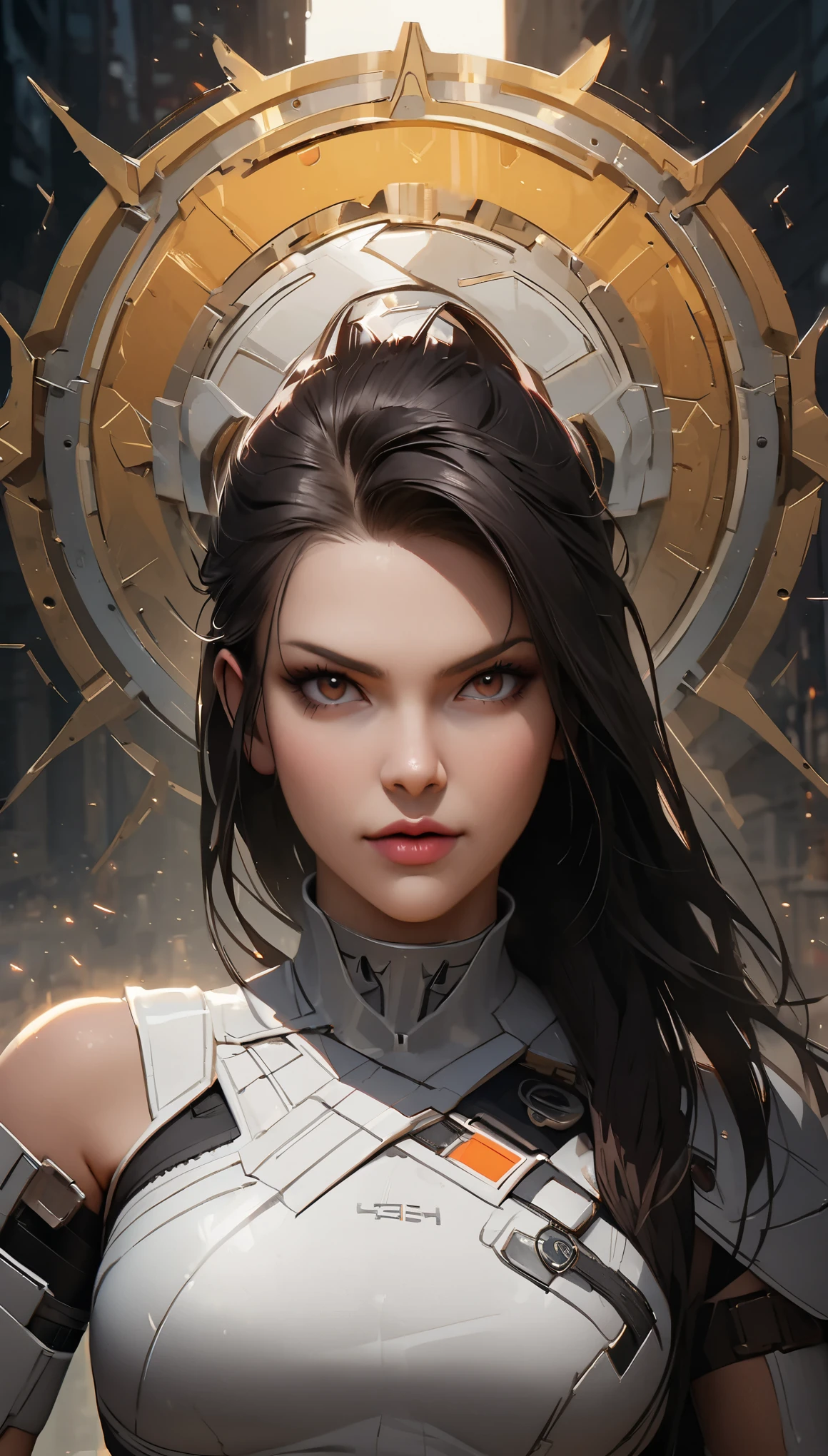 A realistic portrait of Lady Sif in the Cyberpunk world, using the golden ratio, proportions and anatomy. The portrait shows the whole figure of Lady Sif, who has a face Jaimie Alexander. The appearance and outfit of Lady Sif can be slightly changed, but they should be in the cyberpunk style and refer to the traditional Norse mythology. Lady Sif is a proud warrior and she should look like one. The character in the picture should not look like a doll. The portrait has a dynamic background and an action scene where Lady Sif is preventing a bank robbery.