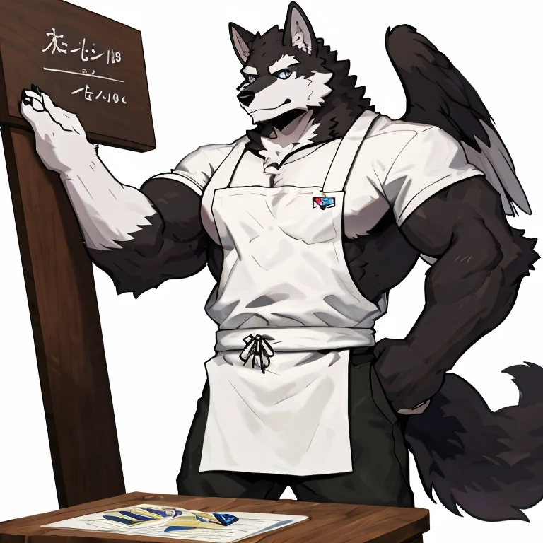 1 boy, solo, anthropology, wolf, hairy, black and white fur, A place where people congregate Sparkling blue eyes, Big pink‚ with big abs‚muscular, handsome, apron, black pant, white shirt, look at board , high quality, super detail, 1080P, high quality, high quality, best quality, 8k, super detail, 16k, white background