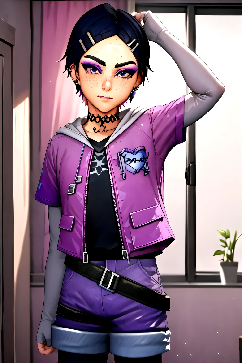 Best quality, Masterpiece,Clove,clovcos, (1boy:1.2),solo,cowboy shot,upper body,perfect lighting,hairclip,cute pose,hands on face,(leg up,leg above head,feet,bare feet), choker, smirk,black hair,  blue eyes,femboy,(bulge),short sleeve jacket,(layered sleeves),(very short hair,short over long sleeves), white sleeves,hair ornament,earrings,multicolored hair, jewelry, belt,makeup, short hair,eyeshadow,  zipper, lips, black choker, two-tone hair, jacket, nose, pink hair, freckles, pink jacket, hood,  (black pantyhose), pouch, animal print,open jacket, piercing, black shirt, eyeliner,gradient hair, shirt, thick eyebrows, ear piercing,heart, mascara, purple shorts,eyelashes,black legwear under shorts,short shorts,  indoors,living room