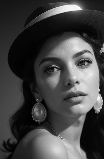 (best quality,4k,8k,highres,masterpiece:1.2),ultra-detailed,(realistic,photorealistic,photo-realistic:1.37),beautiful woman,black and white photo,1940,in hat,film grain,light,portrait,contrast,vintage style,graceful pose,classic beauty,delicate features,soft shadows,subtle emotion,smoky atmosphere,gentle curls,pearl earrings,nostalgic ambiance,timeless elegance.