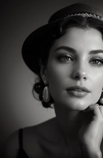 (best quality,4k,8k,highres,masterpiece:1.2),ultra-detailed,(realistic,photorealistic,photo-realistic:1.37),beautiful woman,black and white photo,1940,in hat,film grain,light,portrait,contrast,vintage style,graceful pose,classic beauty,delicate features,soft shadows,subtle emotion,smoky atmosphere,gentle curls,pearl earrings,nostalgic ambiance,timeless elegance.