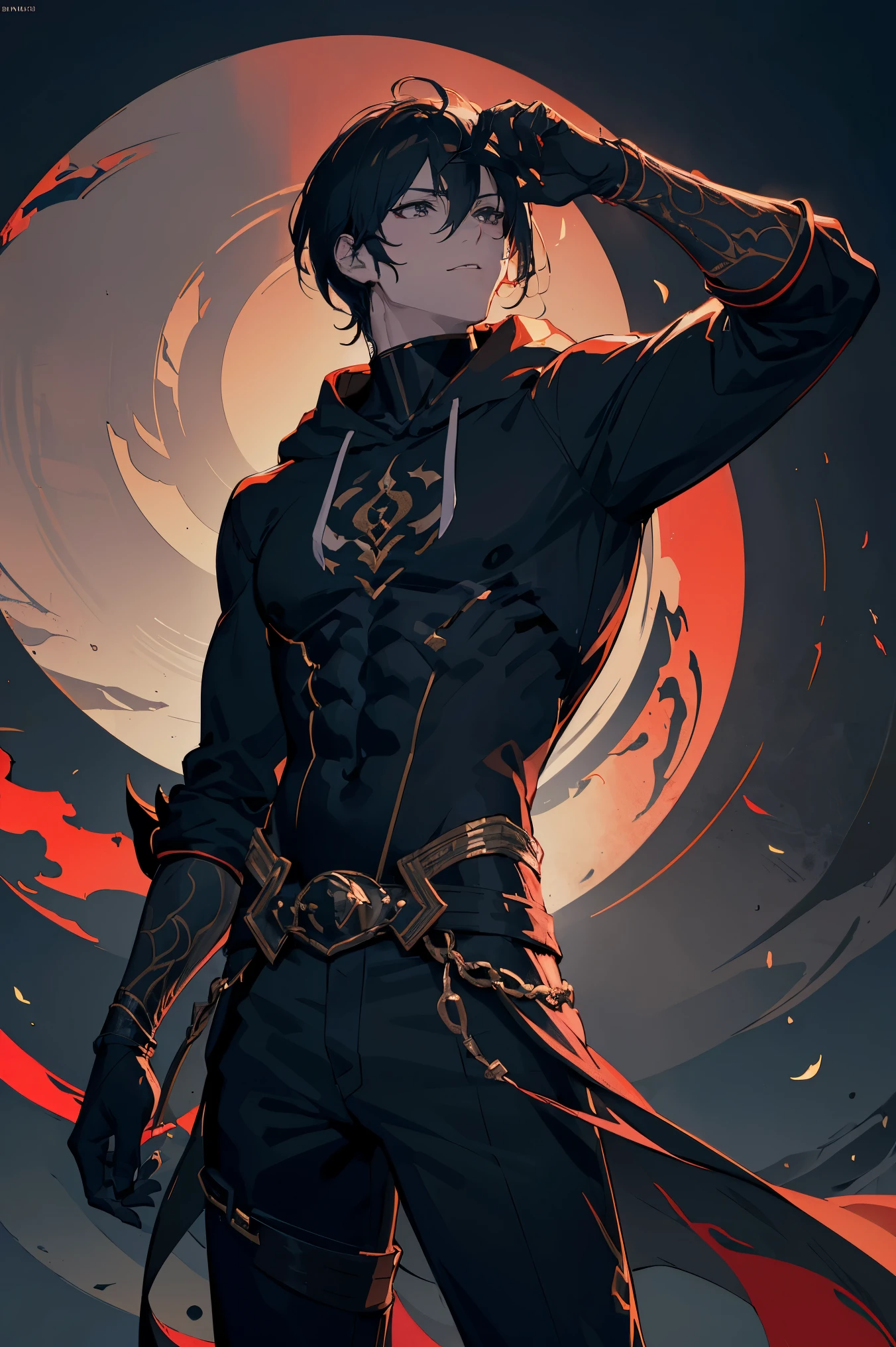 Ultra Detailed, 1boy, Official Art, Unity 8k Wallpaper, fanart, commissioned art, professional artist, digital art, alluring, face, ((flat color)), ((celshade)), black shirt, black hoodie, black eyes, black long pants, black gloves, blue background, Buff guy, short hair.