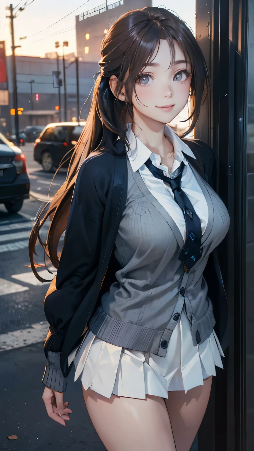 (masterpiece:1.2, top-quality), (realistic, photorealistic:1.4), beautiful illustration, (natural side lighting, movie lighting),
looking at viewer, cowboy shot, front view:0.6, 1 girl, japanese, high school girl, perfect face, cute and symmetrical face, shiny skin,
(long hair:1.4, high ponytail:1.7, light brown hair), hair between eye, dark brown eyes, long eye lasher, (large breasts:0.6, seductive thighs),
beautiful hair, beautiful face, beautiful detailed eyes, beautiful clavicle, beautiful body, beautiful chest, beautiful thigh, beautiful legs, beautiful fingers,
((long sleeve white collared shirts, navy pleated miniskirt, navy tie, light grey cardigan)), pink panties,
(beautiful scenery), evening, riverside, walking, (lovely smile, upper eyes),