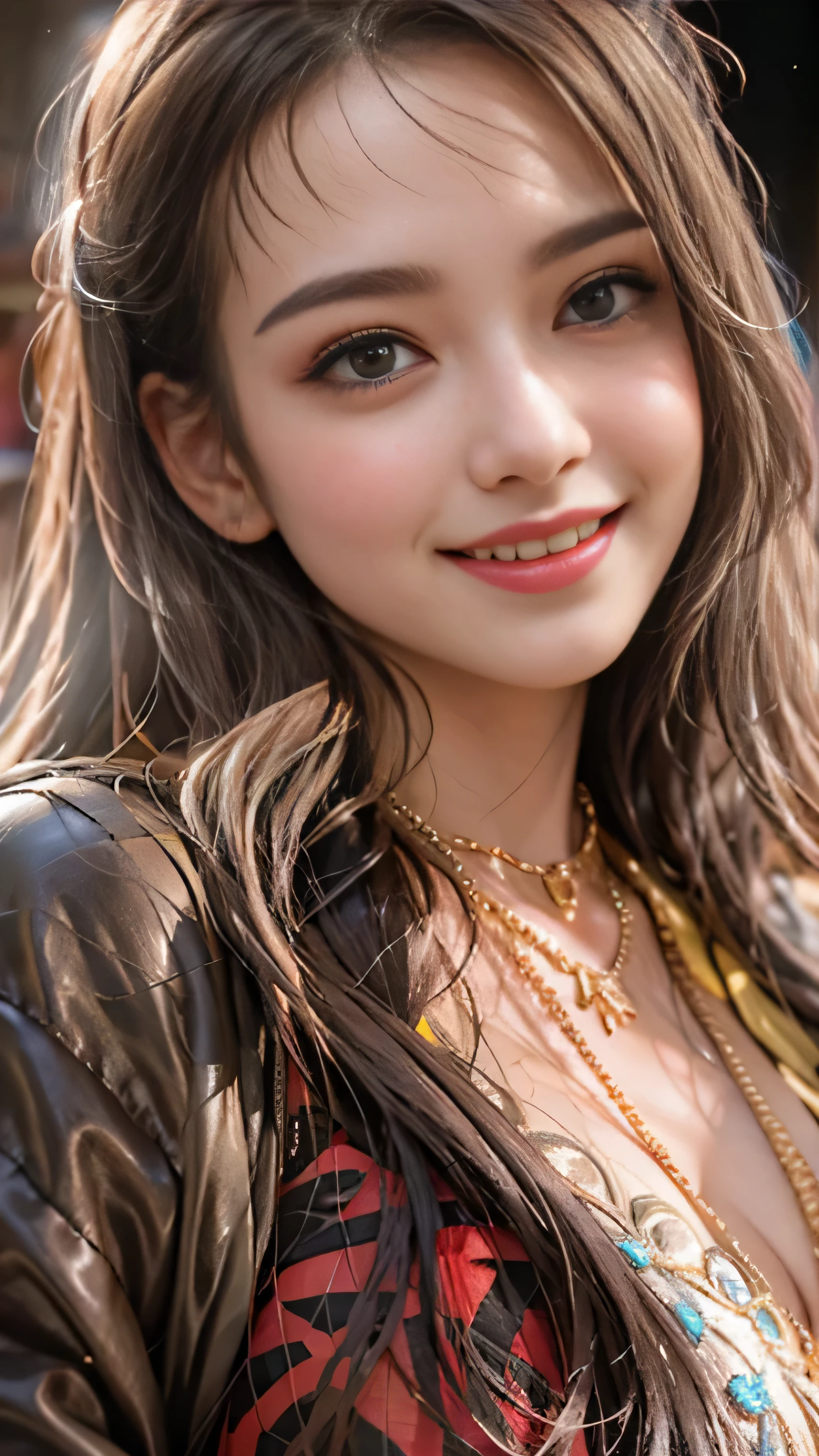 realistic, High resolution, soft light,1 female, alone, hip up, (detailed face), jewelry, streetwear, beauty model, Eyes that invite the viewer, Spouse&#39;perspective, attractive appearance, sexy smile, perfect style, perfect balance, fine skin, naughty look, I can see your breasts