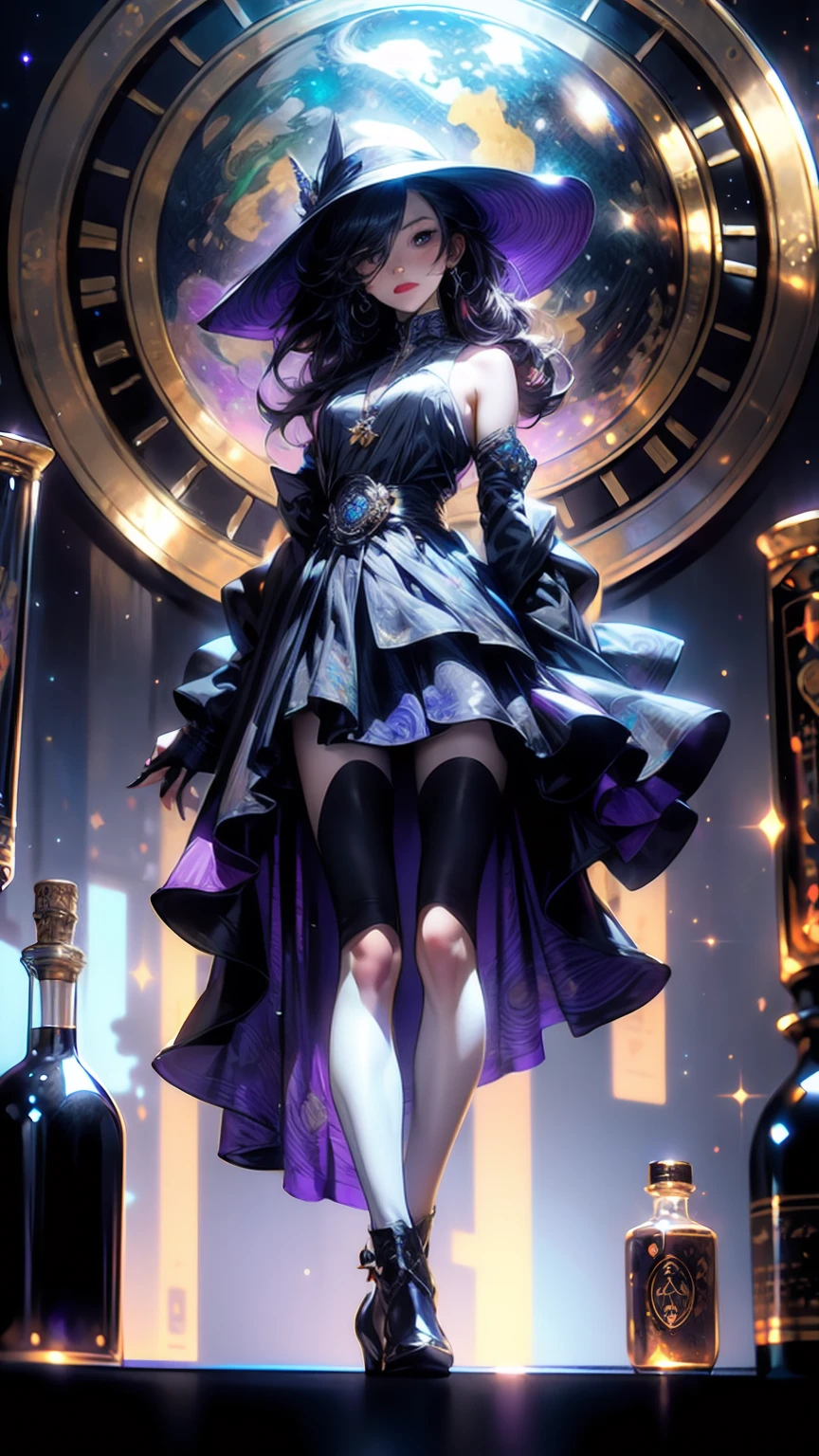 A (Multi-Purple) Cyberpunk Masterpiece, best quality, full body portrait, (Full Body View From An Angle), Dynamic Camera Angle, 1 caucasian beautiful lady, alchemist casting a spell, a very noble lady, ringed silver eyes, Calm, half closed eyes, thin body, slim waist, small breasts, (bare legs), Awesome Black Hair, a confident smile, Celestial Star Map, (experiment desk crowded by many alchemy instruments, medicines, reagents, specimen, bottles, scrolls), piles of expensive books, (antique terrestrial globe), (floating celestial globe), old compass, old clock, antiques, quill pen, a pair of scales, highly detailed expensive wizard's skirt, beautiful skirt with frills, dramatic, backlighting, night, midnight, (Multitude Of Stars), beautiful fantastic night view, (ultra-detailed, finely detailed beautiful eyes and face), high resolution, 8k UHD, perfect anatomy, perfect fingers, Highly detailed scenery, Highly detailed background, perspective, depth of field, atmospheric