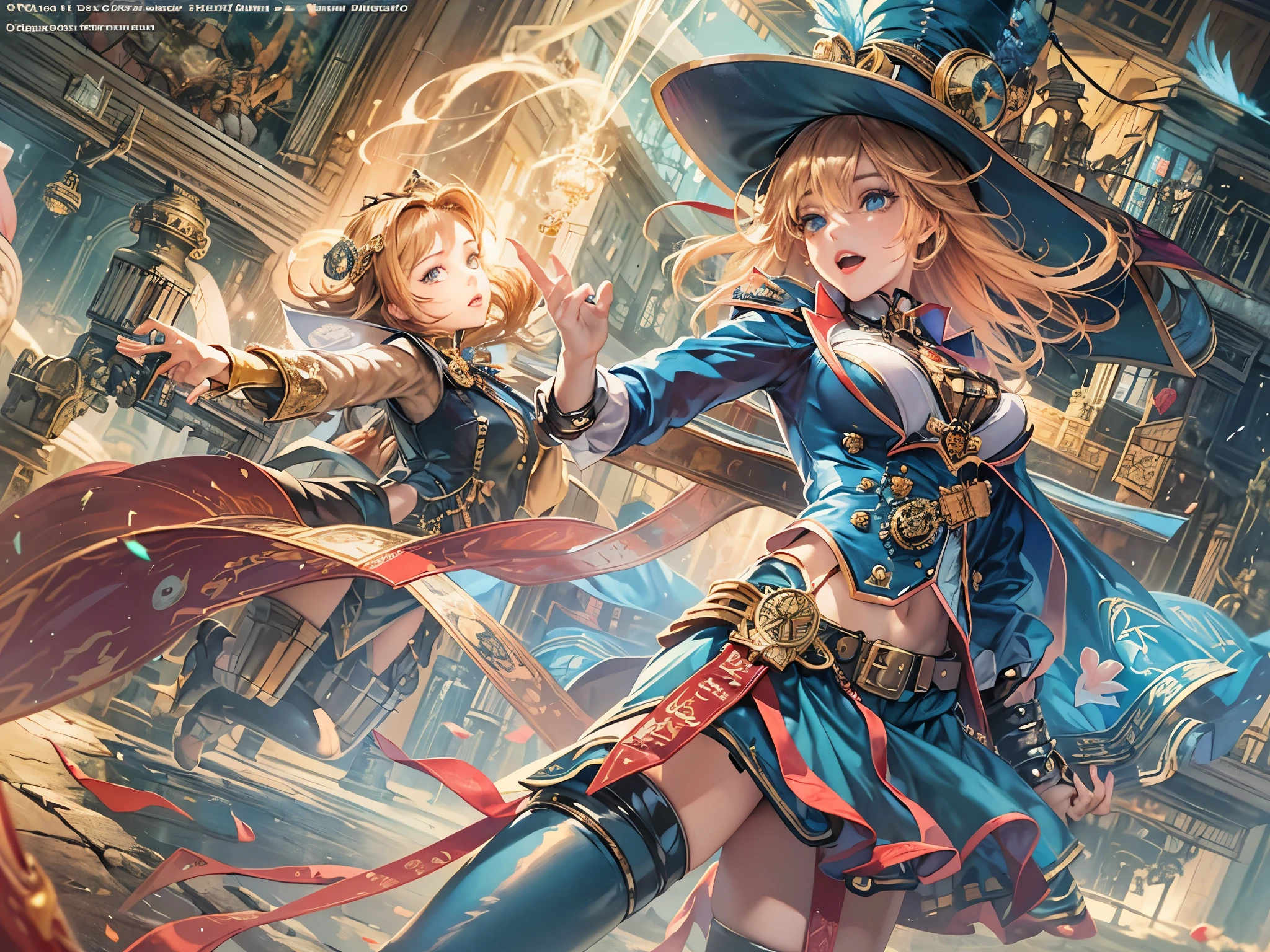 (steampunk), (Masterpiece:1.2), (best quality:1.2), perfect light, Dark Magician Girl ร่ายมนตร์, In combat. Float in the air, completely naked ,Medium sized tits, very large tits, transparent collar, Blue coat, big hat, from above, Sparks, Yu-Gi-Oh Game, miracle of the heart. light of heart, romantic heart. She wears high heels. with heels. Wear high heels information