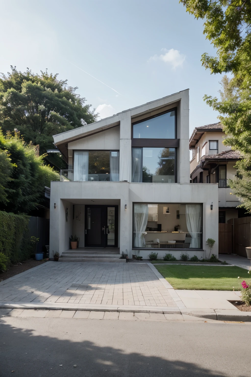 (Best quality, High resolution, Masterpiece :1.3), reate a beautiful black modern house design perfect for a small family living in a city. The design should focus on sleek lines, minimalistic elements, and functional spaces. Include features such as large windows for natural light, a small but well-designed garden or outdoor area, and efficient use of space to accommodate the needs of a modern urban family. The house should blend in with the cityscape while also standing out as a stylish and contemporary home. Lake and mountains in distant background, Details exquisitely rendered in the windows, wall, doors, trees, and gardens with 2 cars parking space.