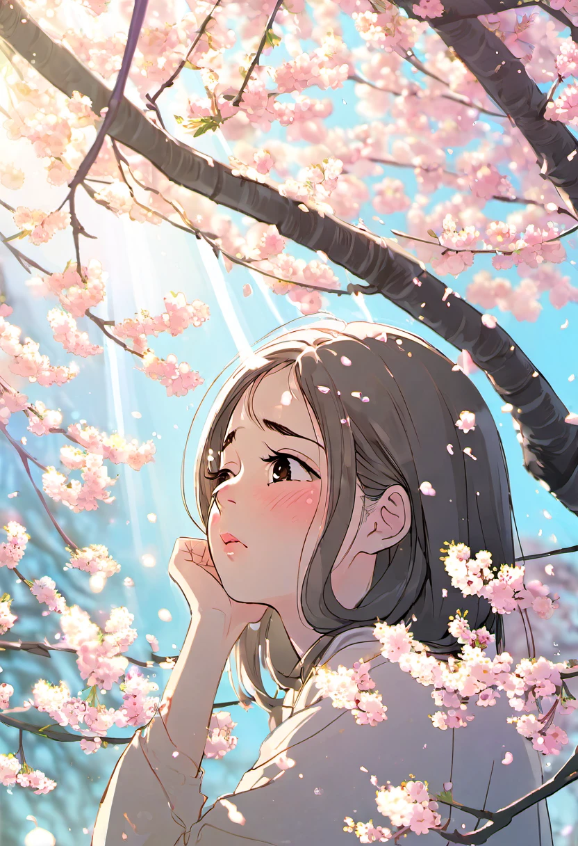 sad crying girl　cherry blossoms　soft spring sunshine