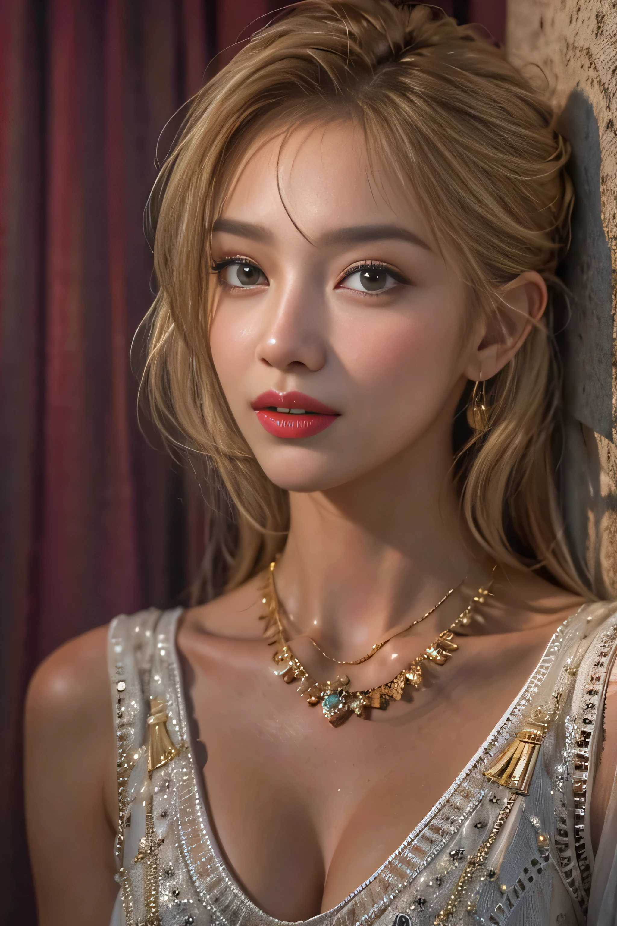 realistic, High resolution, soft light,1 female, alone, hip up, (detailed face), jewelry, streetwear, beauty model, Eyes that invite the viewer, Spouse'perspective, attractive appearance, sexy smile, perfect style, perfect balance, fine skin, naughty look, I can see your breasts