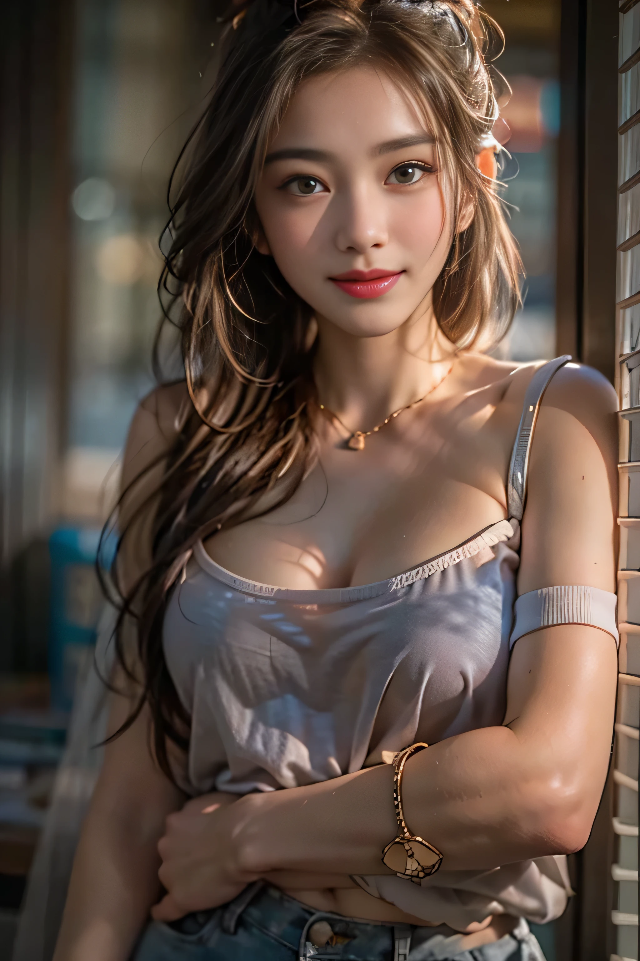 realistic, High resolution, soft light,1 female, alone, hip up, (detailed face), jewelry, streetwear, beauty model, Eyes that invite the viewer, Spouse&#39;perspective, attractive appearance, sexy smile, perfect style, perfect balance, fine skin, naughty look, I can see your breasts