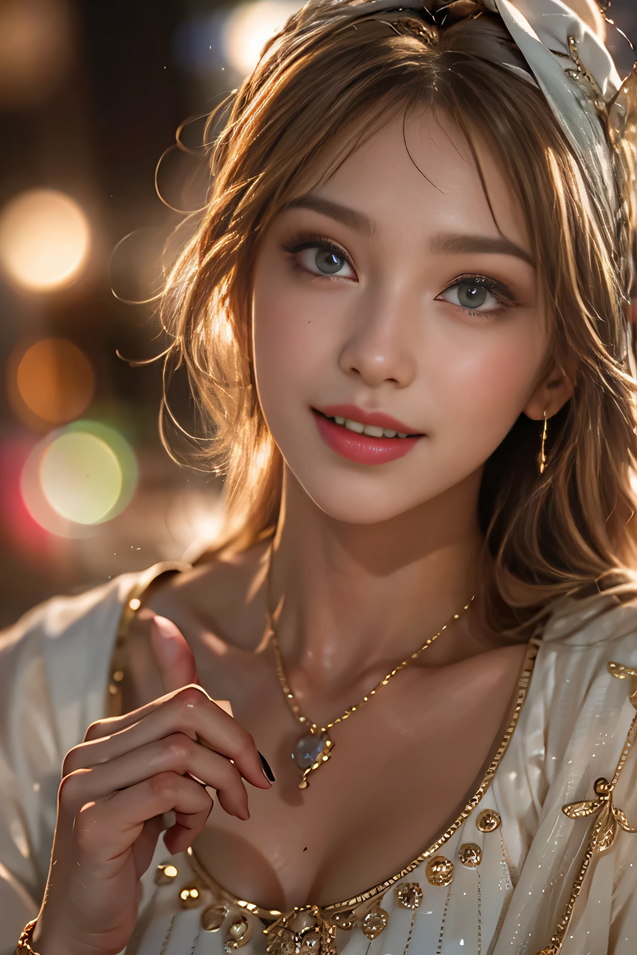 realistic, High resolution, soft light,1 female, alone, hip up, (detailed face), jewelry, streetwear, beauty model, Eyes that invite the viewer, Spouse&#39;perspective, attractive appearance, sexy smile, perfect style, perfect balance, fine skin, naughty look, I can see your breasts