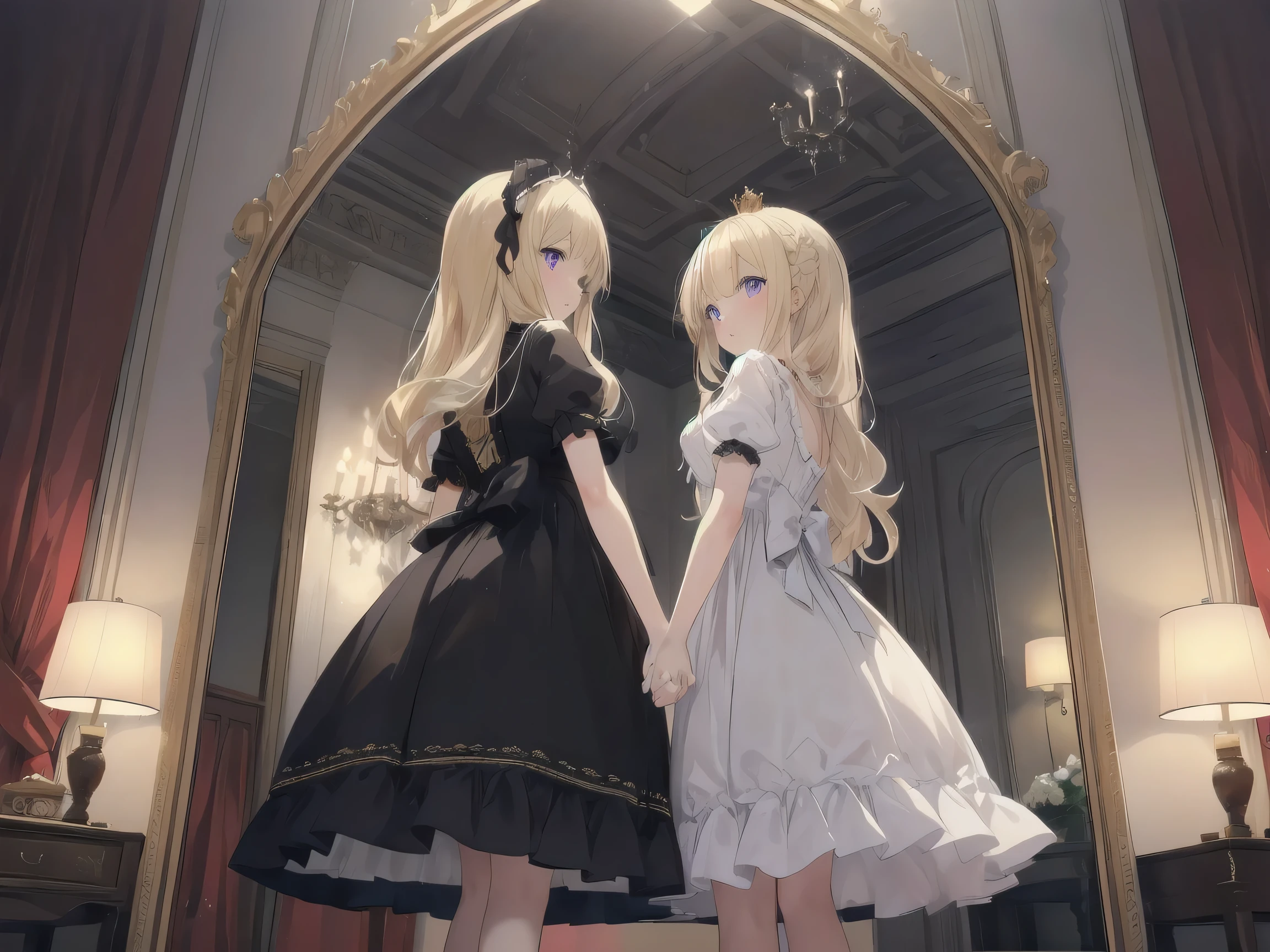 masterpiece, highest quality,2 girls,cute,cute,floating hair, golden hair, long hair, hair tip wave, hair down, transparent, light blue eyes, white frills,classical dress, lolita, Alice in the Country of Mirrors, small crown, Dear Queen, black lolita, purple eyes, mirror, inside the castle, Western-style building,Crystal butterfly,Tyndall effect,evening,cinematic lighting, stirring,dream-like,great scene,shine,chess,Crystal Dream, two girls、holding hands、inside the castle、classical dress、black lolita、White lolita、amazing shiny golden long hair,blonde, white clothes,frills, small crown, Queen, golden hair, eyes are purple、This is a cute sweet girl,soft girl, lolita,Alice in the Country of Mirrors, chess, mirror room, Are standing, Are standing in front of the mirror and look at yourself, mirrorに向かってholding hands, from behind, from below, Chess room,I'm going to the mirror world,The entire large room is shown,chess plate, large room