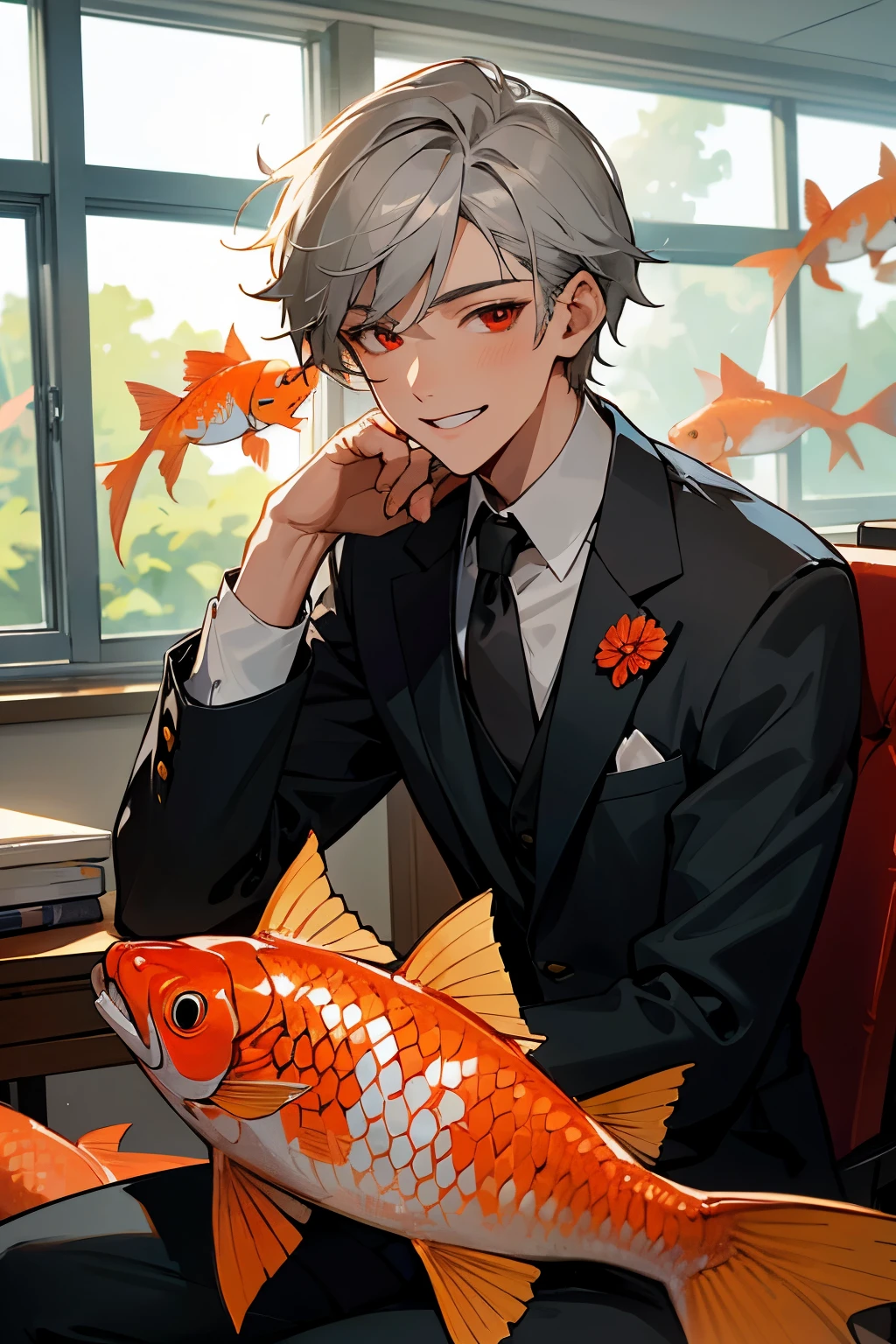 high quality, detailed image, Correct facial features, drawn hands, handsome young guy, gray hair, Red eyes, sitting in the office, is a teacher, dressed in a suit, he's wearing a jacket, smiling at the camera, looks at us, against the background there is a window and detailed detailed small koi fish swimming
