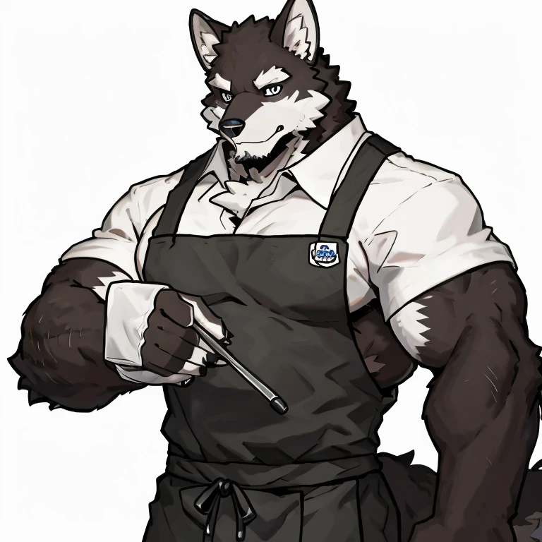 1 boy, solo, anthropology, wolf, hairy, black and white fur, A place where people congregate Sparkling blue eyes, Big pink‚ with big abs‚muscular, handsome, apron, black pant, white shirt, lie on your hands , high quality, super detail, 1080P, high quality, high quality, best quality, 8k, super detail, 16k, white background