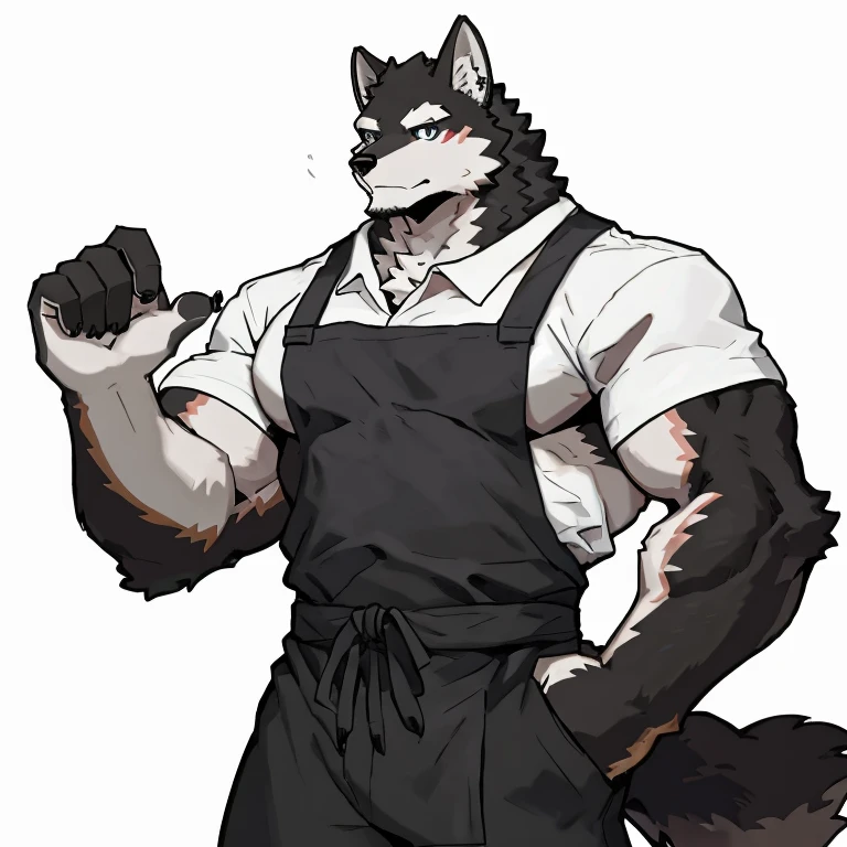 1 boy, solo, anthropology, wolf, hairy, black and white fur, A place where people congregate Sparkling blue eyes, Big pink‚ with big abs‚muscular, handsome, apron, black pant, white shirt, lie on your hands , high quality, super detail, 1080P, high quality, high quality, best quality, 8k, super detail, 16k, white background