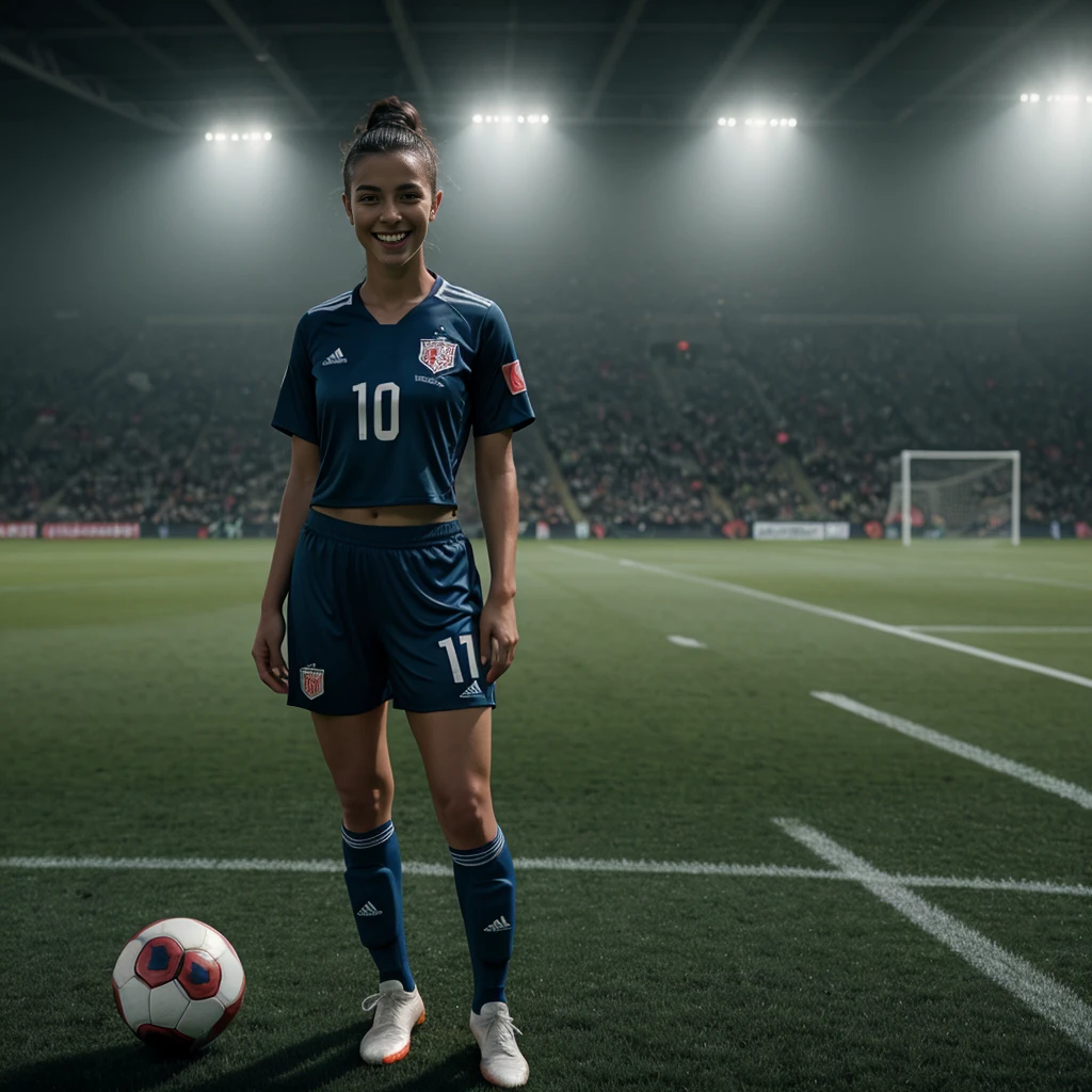 professional sports athletic woman dressed as soccer player, soccer ball, smiling, football pitch in background, (((full body visible) )), looking at viewer, portrait, photography, detailed skin, realistic, photo-realistic, 8k sharp focus, highly detailed, full length frame, High detail RAW color art, piercing, diffused soft lighting, shallow depth of field, sharp focus, hyperrealism, cinematic lighting