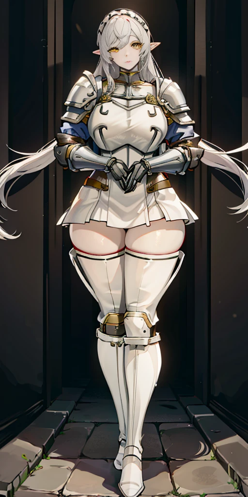 masterpiece, best quality, high quality, 1solo white SKIN elf, long hair, white hair, yellow eyes, full body, def_effie, blue breastplate, looking at viewer, shiny,armor, thighhighs, high boots,shoulder armor, faulds, poleyn, gloves, gauntlets