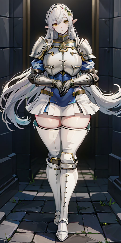 masterpiece, best quality, high quality, 1solo white SKIN elf, long hair, white hair, yellow eyes, full body, def_effie, blue breastplate, looking at viewer, shiny,armor, thighhighs, high boots,shoulder armor, faulds, poleyn, gloves, gauntlets