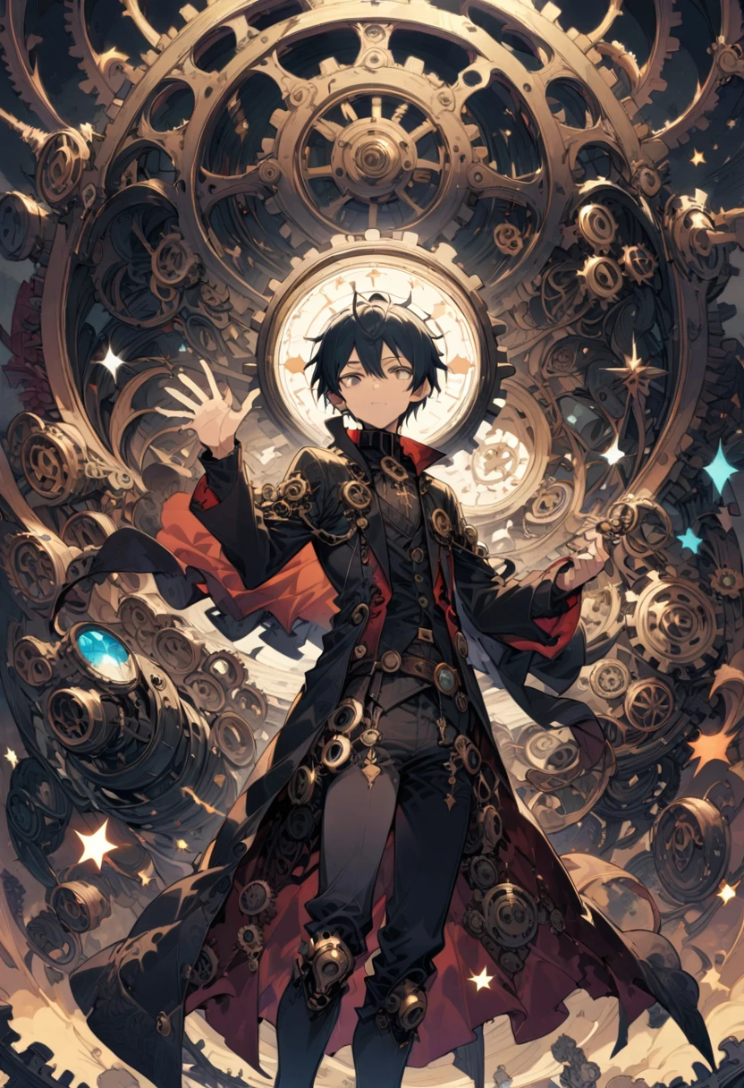 boy, A magician wearing a robe stood in a complex magic formation, waving his wand, surrounded by sparkling stars and mysterious runes. The background is steampunk style mechanical devices and gears, (masterpiece, best quality, perfect composition, very aesthetic, absurdres, ultra-detailed, intricate details, Professional, official art, Representative work:1.3), (Animagine:0.01)