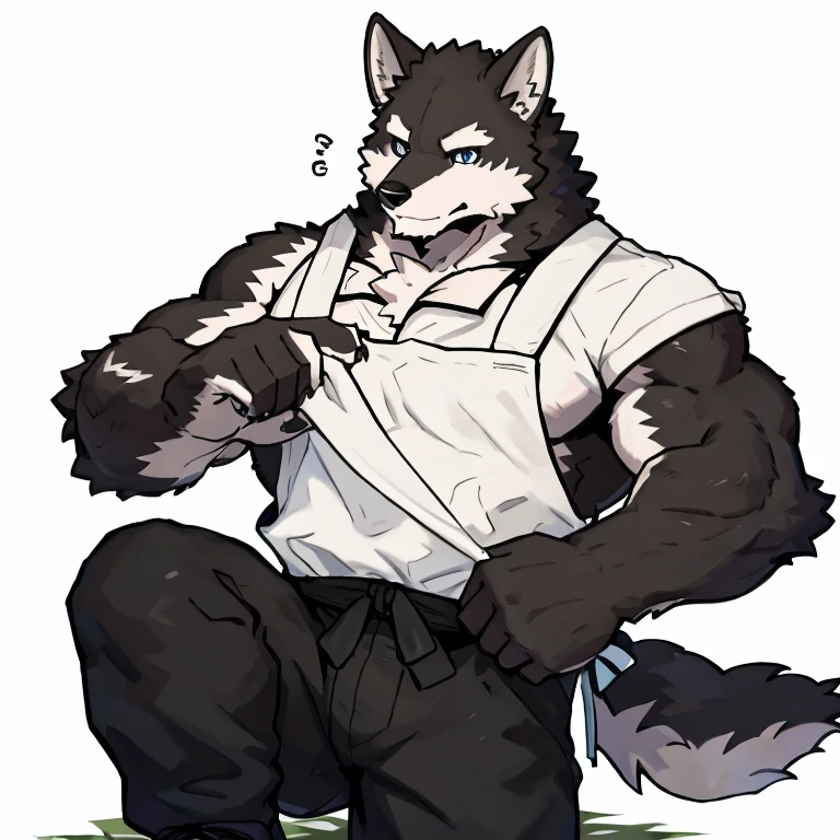 1 boy, solo, anthropology, wolf, hairy, black and white fur, A place where people congregate Sparkling blue eyes, Big pink‚ with big abs‚muscular, handsome, apron, black pant, white shirt, lay on ground, lie on hands , high quality, super detail, 1080P, high quality, high quality, best quality, 8k, super detail, 16k, white background